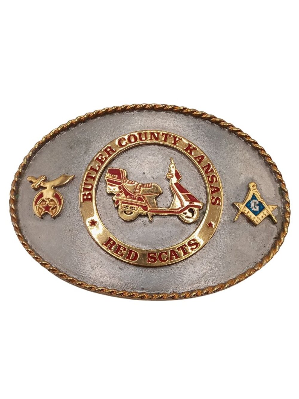 Butler County KS Belt Buckle Red Scats Scooter Shriners Masons Kansas Collectibl